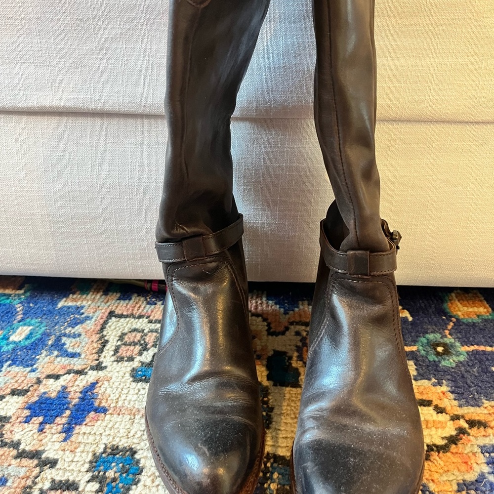 Dark brown leather pull on FRYE boots w/ adjustable strap buckles at ankle/calf